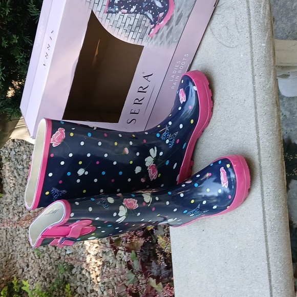 Serra Rain Boots Women’s  Tall Navy & Pink Floral Butterflies Polka Dots Sz 9 - Picture 3 of 12